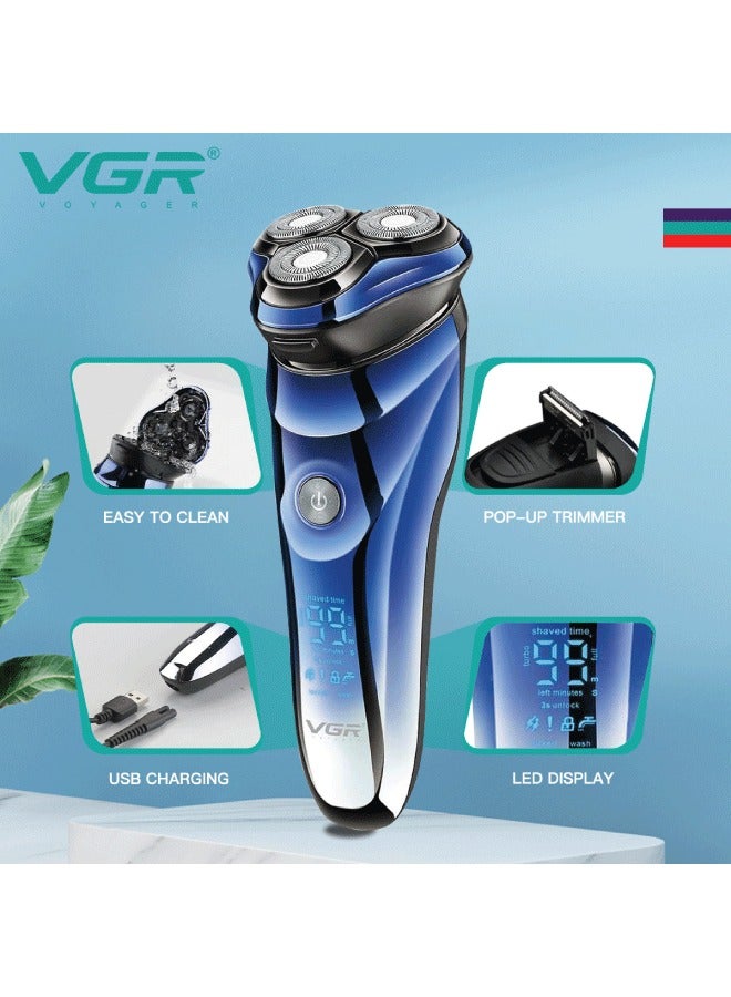 في جي آر - ماكينة حلاقة كهربائية V-305 Premium لاسلكية قابلة لإعادة الشحن ومقاومة للماء بالكامل IPX7 بثلاثة رؤوس حلاقة دوارة جافة ورطبة للرجال مع أداة تشذيب منبثقة وشاحن فائق السرعة - Image 1