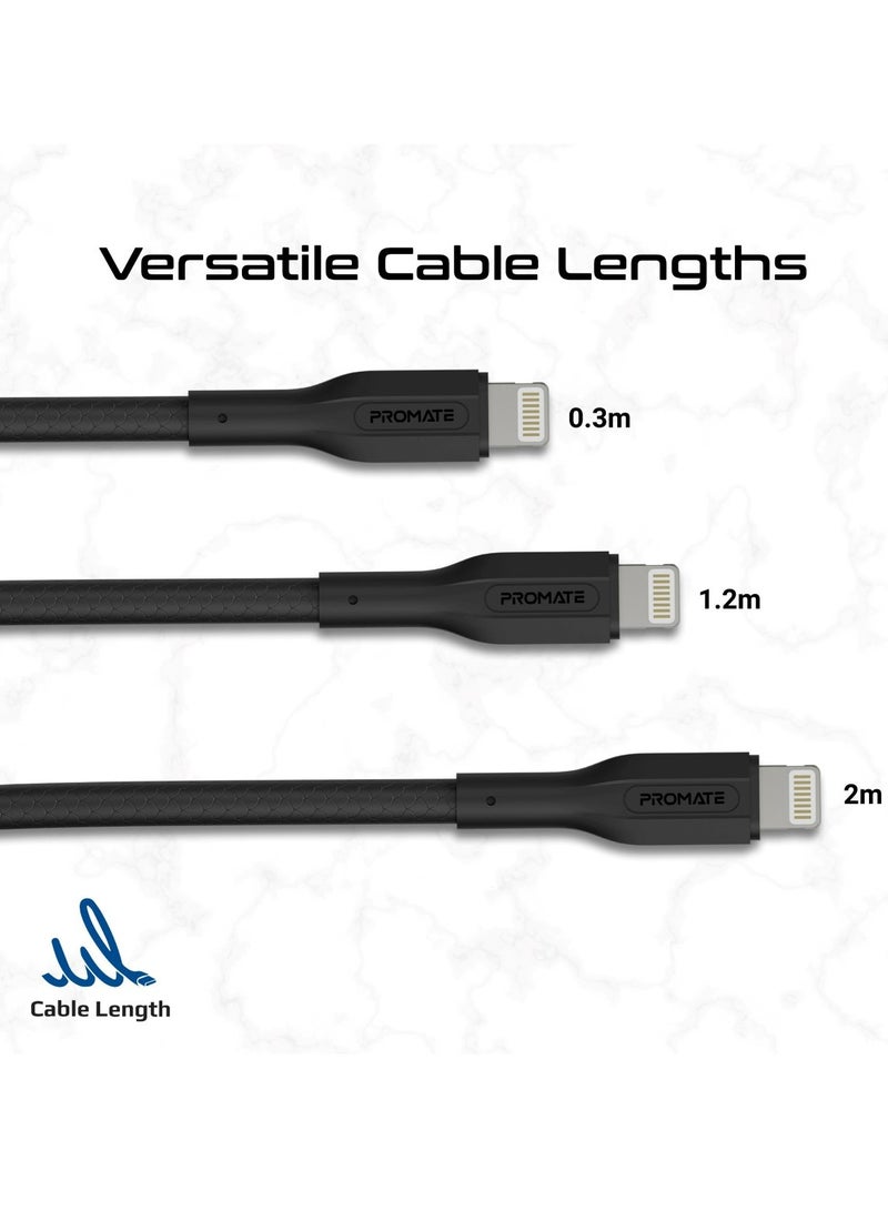 PROMATE - Pack of 3  USB-C to Lightning Cables, Ultra-Fast Triple Lightning Sync & Charge Cables With 27W PD, Versatile Cord Lengths(0.3m, 1.2m, 2m) 25000+ Bend Test,  and Tangle-Free Wires, CableKit-Ci Black - Image 1