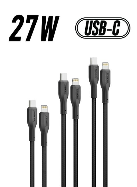 Pack of 3  USB-C to Lightning Cables, Ultra-Fast Triple Lightning Sync & Charge Cables With 27W PD, Versatile Cord Lengths(0.3m, 1.2m, 2m) 25000+ Bend Test,  and Tangle-Free Wires, CableKit-Ci Black