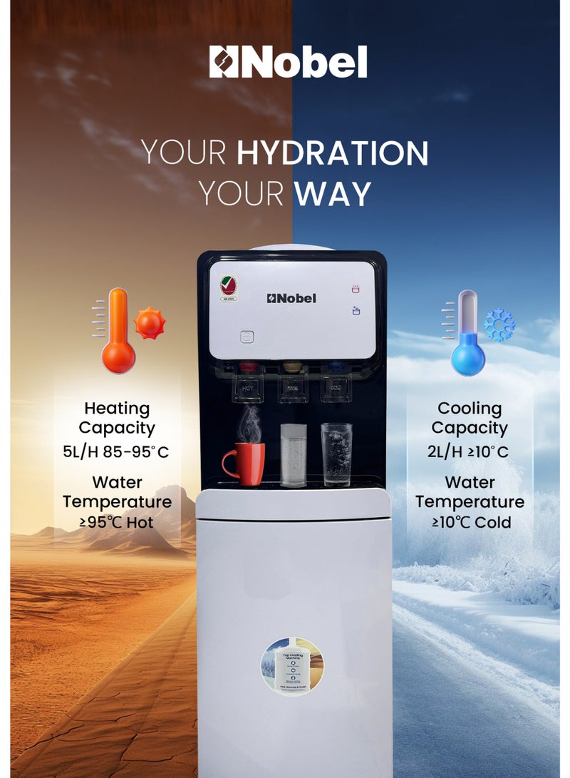 Nobel 3 Tap Water Dispenser, Freestanding Dispenser, Hot, Normal & Cold, R134a Compressor Cooling, Storage Cabinet NWD1700 White  - Image 3