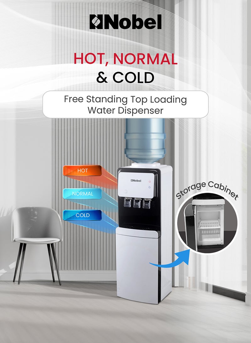 Nobel 3 Tap Water Dispenser, Freestanding Dispenser, Hot, Normal & Cold, R134a Compressor Cooling, Storage Cabinet NWD1700 White  - Image 2