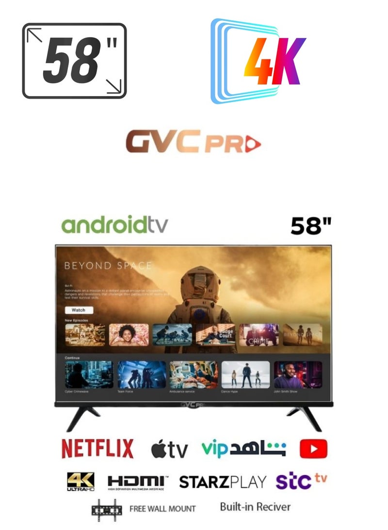 gvc pro 58 Inch Smart TV, 4k, Android 13 OS, HDMI digital Connection, Wall Mounted design, Quad Core - GVC-60TUS5100 Black 