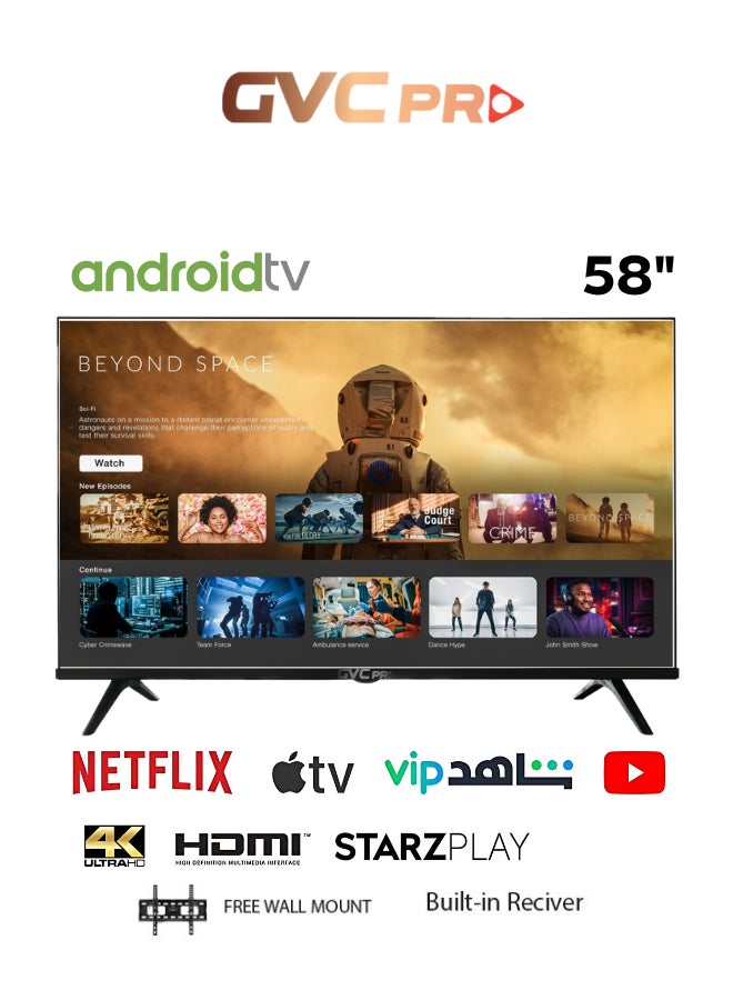 58 Inch Smart TV, 4k, Android 13 OS, HDMI digital Connection, Wall Mounted design, Quad Core - GVC-60TUS5100 Black