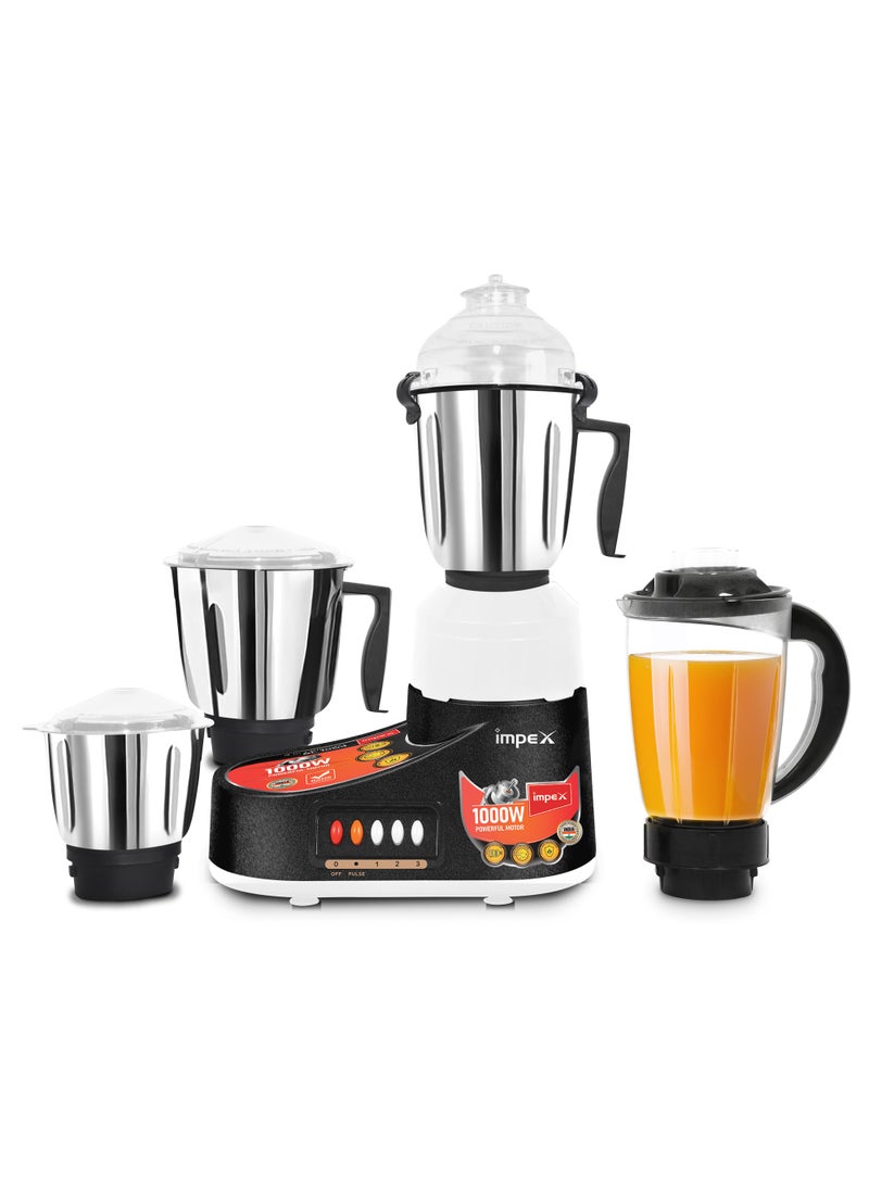 Impex 4-In-1 Mixer Grinder Blender Powerful Copper Motor 3 Speed Pulse And Harmonic Grinding Technology Overheat Protection 4 Jars Liquidizing/Chutney/Dry/Juicer Jar 1000 W BL 1004 Black/Silver  - Image 1