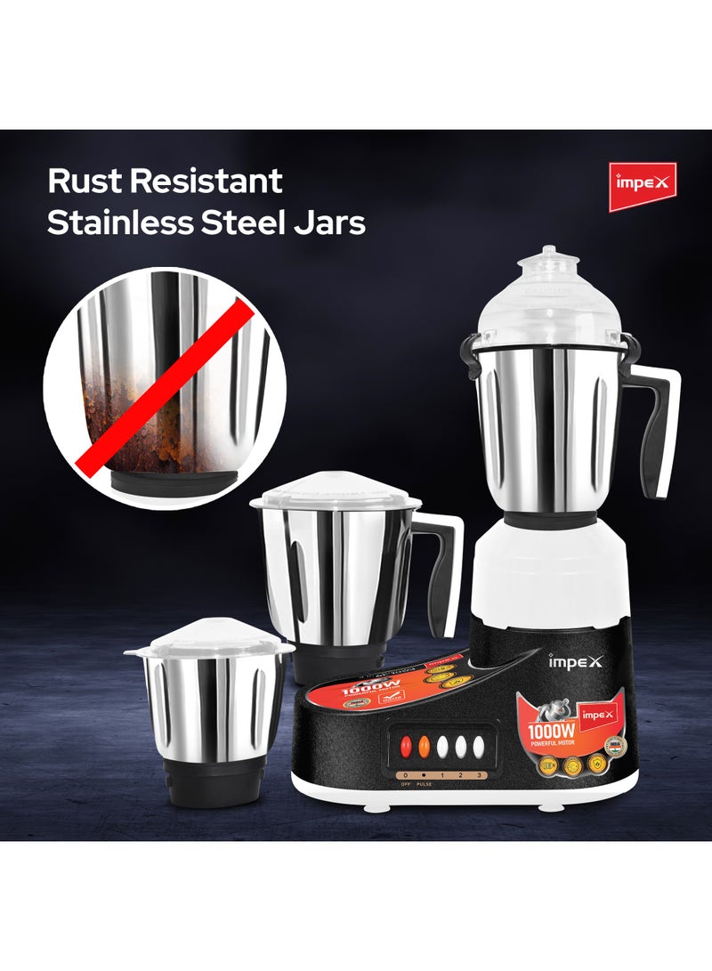 Impex 4-In-1 Mixer Grinder Blender Powerful Copper Motor 3 Speed Pulse And Harmonic Grinding Technology Overheat Protection 4 Jars Liquidizing/Chutney/Dry/Juicer Jar 1000 W BL 1004 Black/Silver  - Image 5