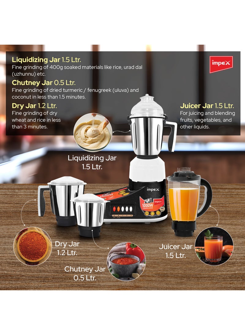Impex 4-In-1 Mixer Grinder Blender Powerful Copper Motor 3 Speed Pulse And Harmonic Grinding Technology Overheat Protection 4 Jars Liquidizing/Chutney/Dry/Juicer Jar 1000 W BL 1004 Black/Silver  - Image 3