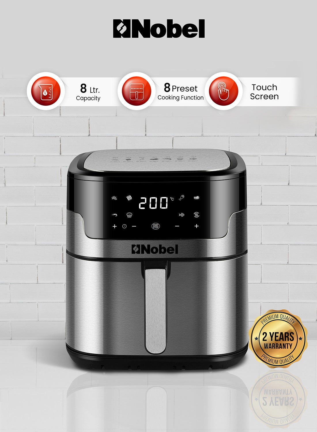 Air Fryer 8 Liters Capacity Multifunctional Fryer Digital Display and Touch Button High Speed Air Circulation Technology Frying Non- Stick Coating Frying 8 L 1800 W NAF1000 Black 