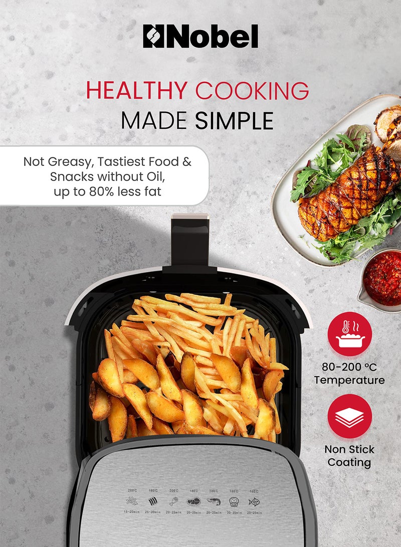 نوبل مقلاة هوائية سعة 8 لتر، مقلاة متعددة الوظائف، شاشة رقمية وزر لمس، تقنية دوران الهواء عالية السرعة، قلي، طلاء غير لاصق - Image 5