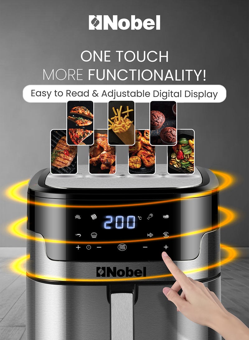 نوبل مقلاة هوائية سعة 8 لتر، مقلاة متعددة الوظائف، شاشة رقمية وزر لمس، تقنية دوران الهواء عالية السرعة، قلي، طلاء غير لاصق - Image 3