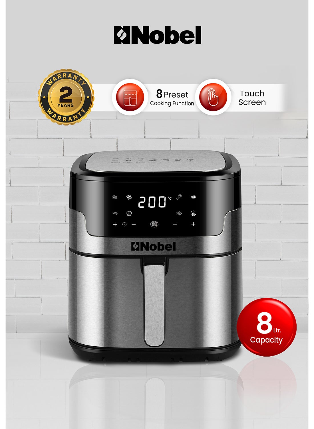 Air Fryer 8 Liters Capacity Multifunctional Fryer Digital Display and Touch Button High Speed Air Circulation Technology Frying Non- Stick Coating Frying 8 L 1800 W NAF1000 Black 