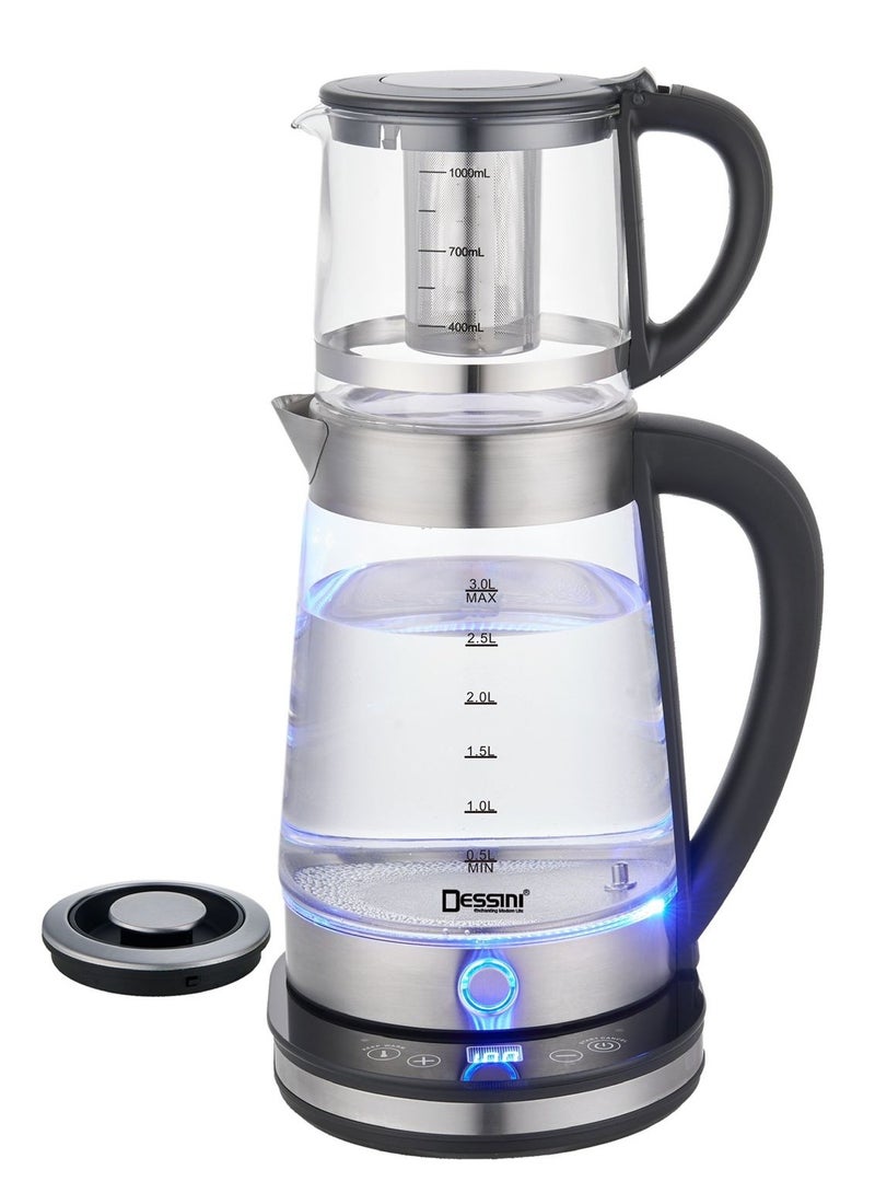 DESSINI Electric Tea Maker With 2.0L Glass Water Kettle 1.0L Tea Pot 2000W Tea Maker 2400 Silver/Black/Clear - Image 1