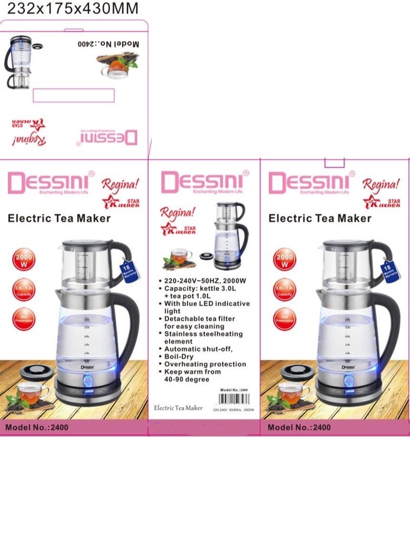 DESSINI Electric Tea Maker With 2.0L Glass Water Kettle 1.0L Tea Pot 2000W Tea Maker 2400 Silver/Black/Clear - Image 2