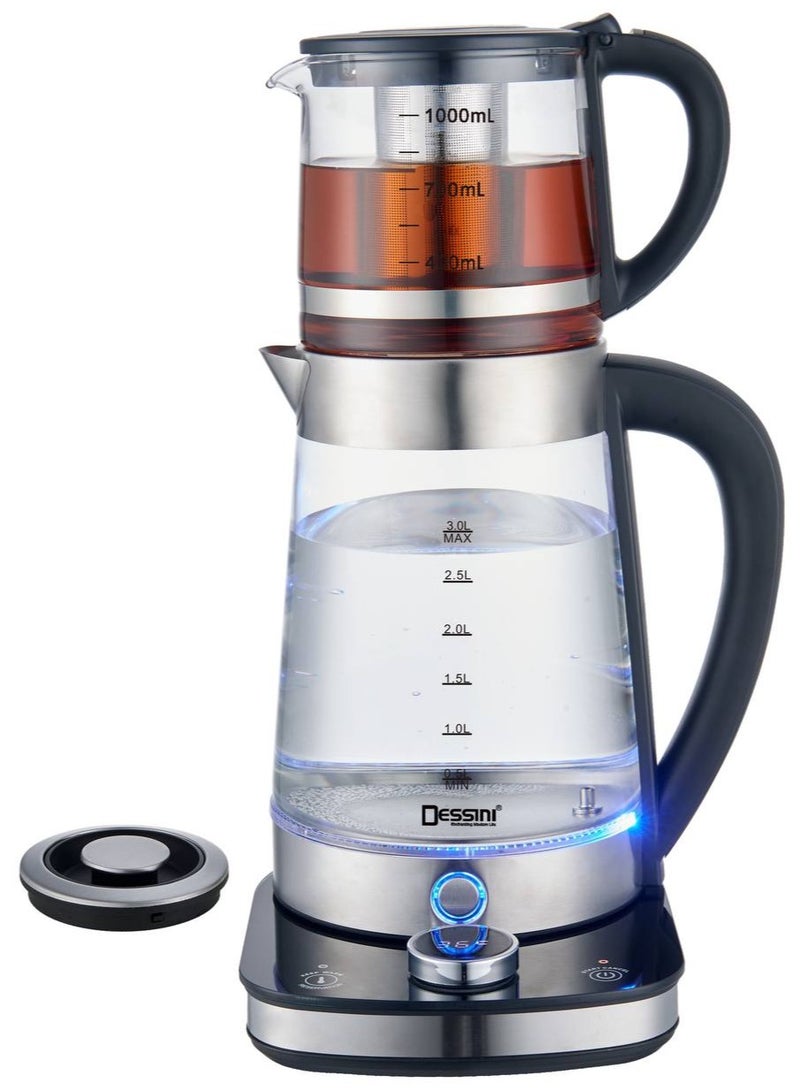 ديسيني ماكينة تحضير الشاي التركي الكهربائية مع غلاية ماء زجاجية سعة 2.0 لتر، إبريق شاي سعة 1.0 لتر، 2000 واط - Image 1