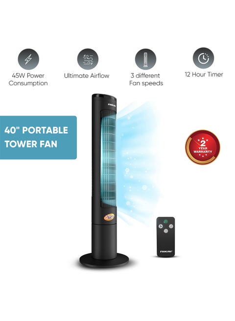 Tower Fan, 40" Height, LED Touch Panel, Remote Control, 80° Oscillation, 12-Hour Timer, Quiet Operation, Powerful Airflow, Energy Efficient, Ideal for Home or Office Use 4.3 kg 45 W NTOF4001RL Black