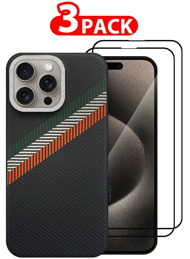 مارجون (for iPhone 15 Pro Max) 3 Pack Case Cover and 2 Screen Protectors Carbon Fiber Pattern Phone Case Slim Shockproof Back Cover Black/Red/Green - Image 1