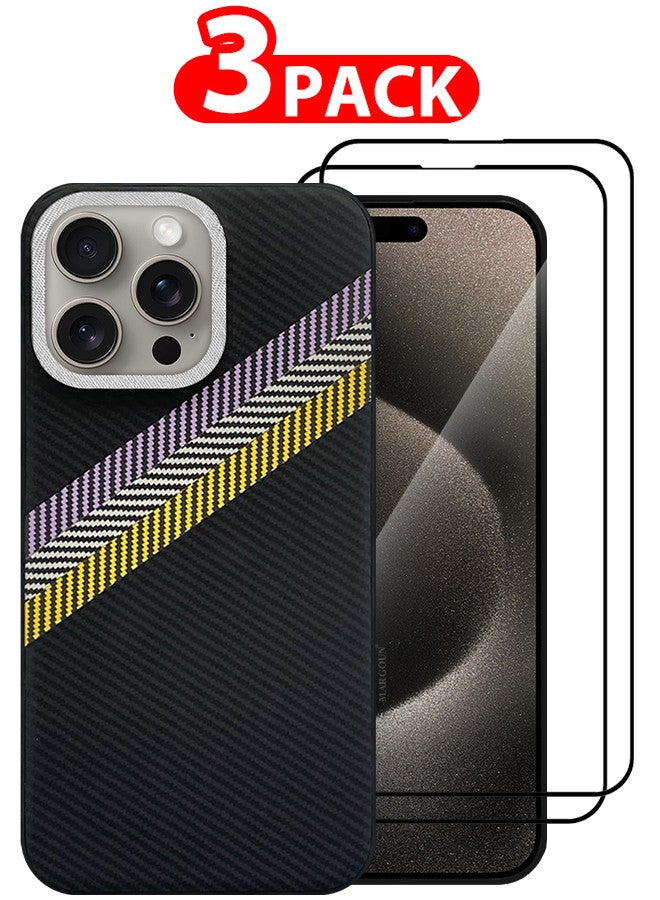 مارجون (for iPhone 15 Pro Max) 3 Pack Case Cover and 2 Screen Protectors Carbon Fiber Pattern Phone Case Slim Shockproof Back Cover Black/Yellow/Blue - Image 1
