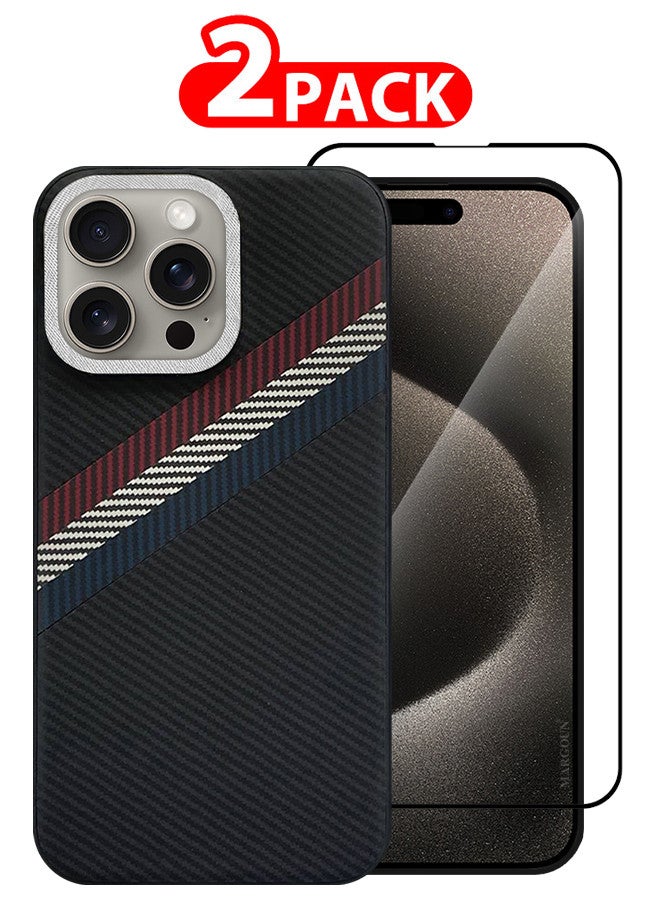 MARGOUN (for iPhone 15 Pro) 2 Pack Case Cover and Screen Protector Carbon Fiber Pattern Phone Case Slim Shockproof Back Cover Black/Red/Blue  - Image 1