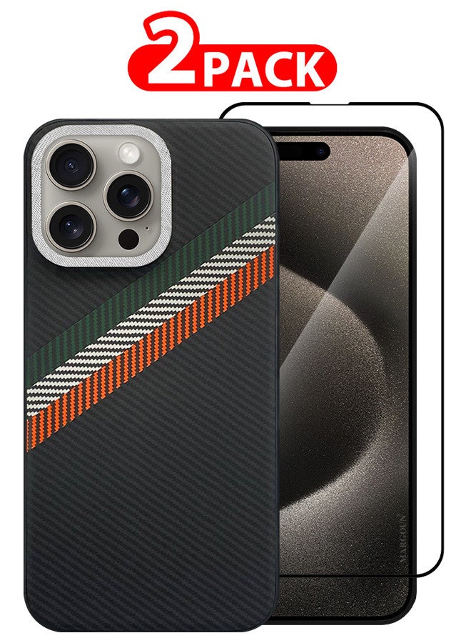 MARGOUN (for iPhone 15 Pro Max) 2 Pack Case Cover and Screen Protector Carbon Fiber Pattern Phone Case Slim Shockproof Back Cover Black/Red/Green  - Image 1