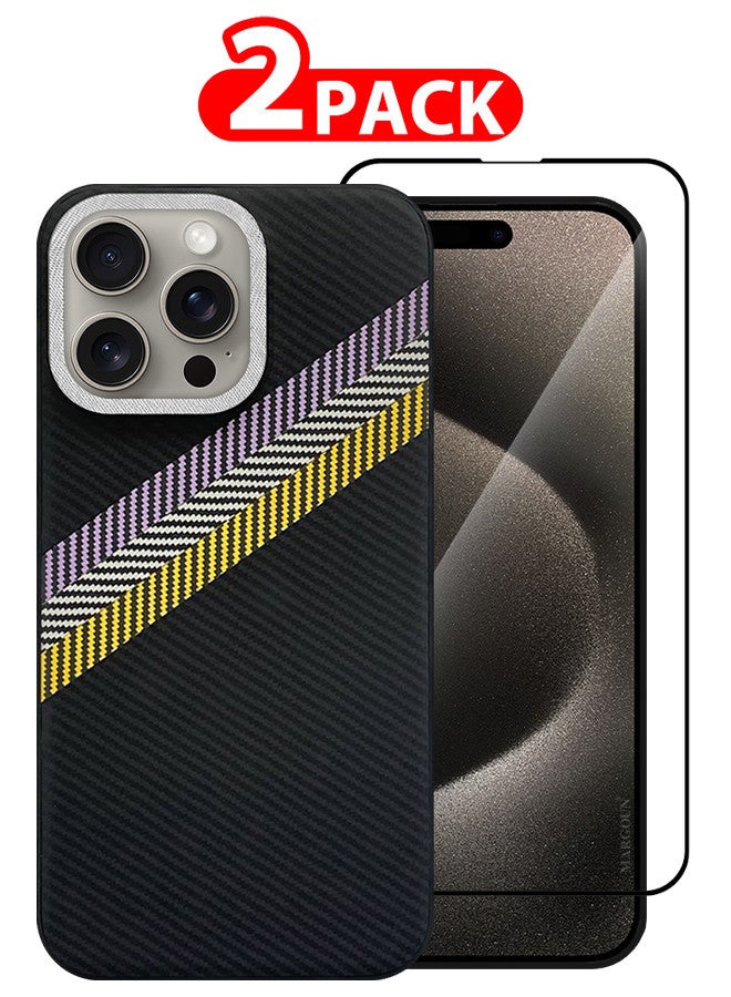 MARGOUN (for iPhone 15 Pro) 2 Pack Case Cover and Screen Protector Carbon Fiber Pattern Phone Case Slim Shockproof Back Cover Black/Yellow/Blue  - Image 1