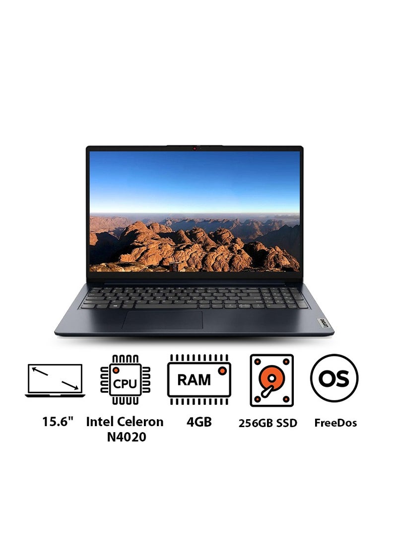 Lenovo Lenovo IdeaPad 1 15IGL7 82V700F5ED Laptop, Intel Celeron N4020, 15.6 Inch FHD Display, 256GB SSD, 4GB RAM, Integrated Intel UHD Graphics 600, FreeDos - Abyss Blue with Gift Bag English/Arabic Abyss Blue  - Image 1