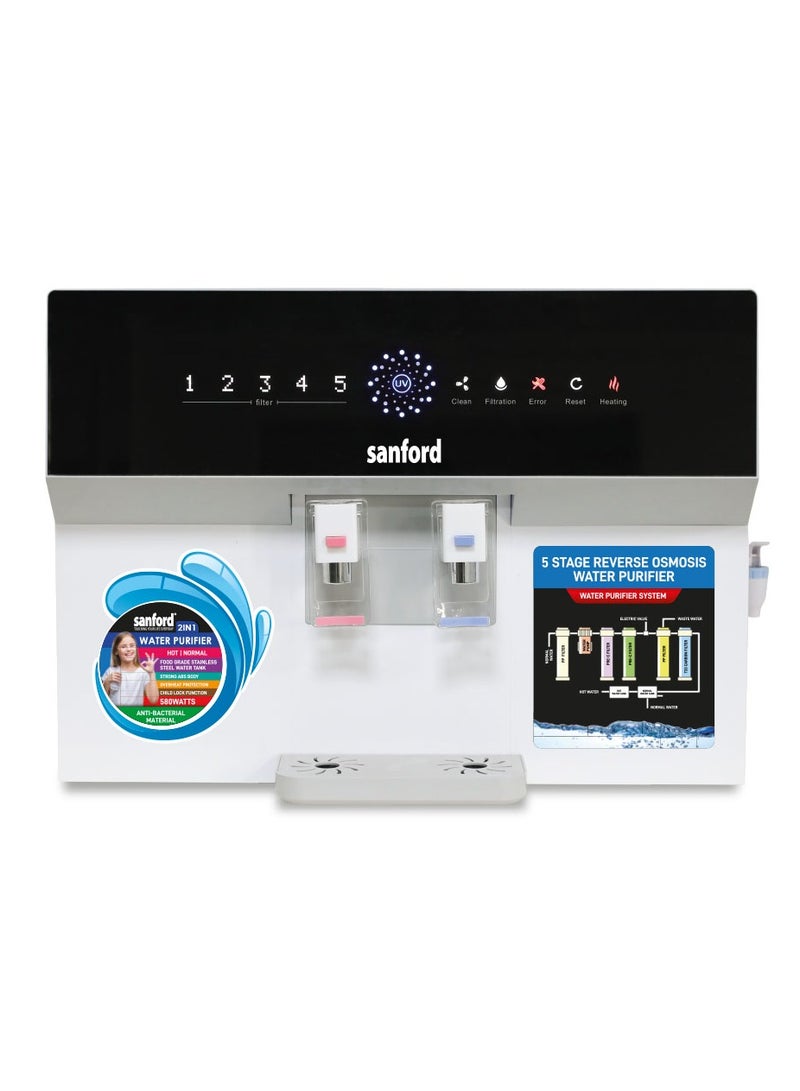 سانفورد جهاز تنقية المياه 2 في 1 بنظام ترشيح التناضح العكسي بالأشعة فوق البنفسجية، ترشيح على 5 مراحل، منافذ مياه ساخنة وعادية، سعة 4 لتر، خزان من الفولاذ المقاوم للصدأ SUS #304، قفل للأطفال، حماية من الحرارة الزائدة - Image 1