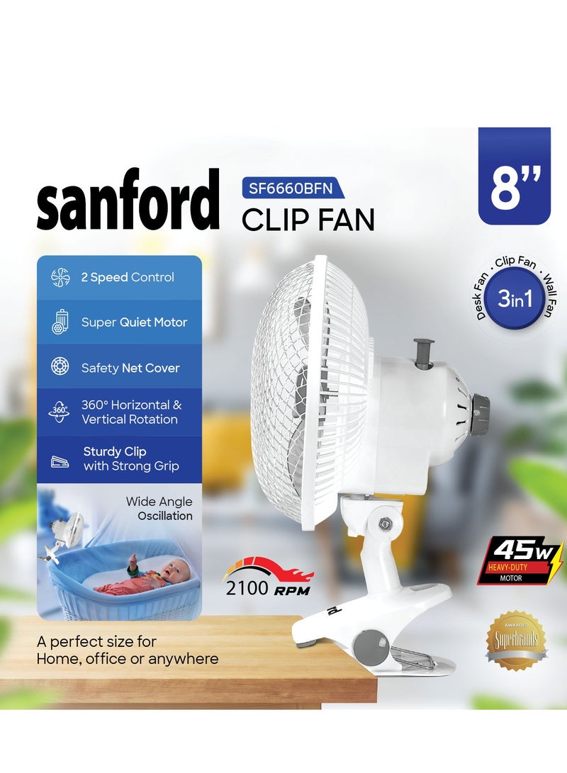 8 inch 3 in 1 Portable Clip Fan Desk, Clip, Wall Fan, 2 Speed Control 45W SF6660BFN BS White - pnsku/N70093168V/45/_/1721106168/9dfc1222-46f6-4f2c-b15f-5cfd0b2a1f57