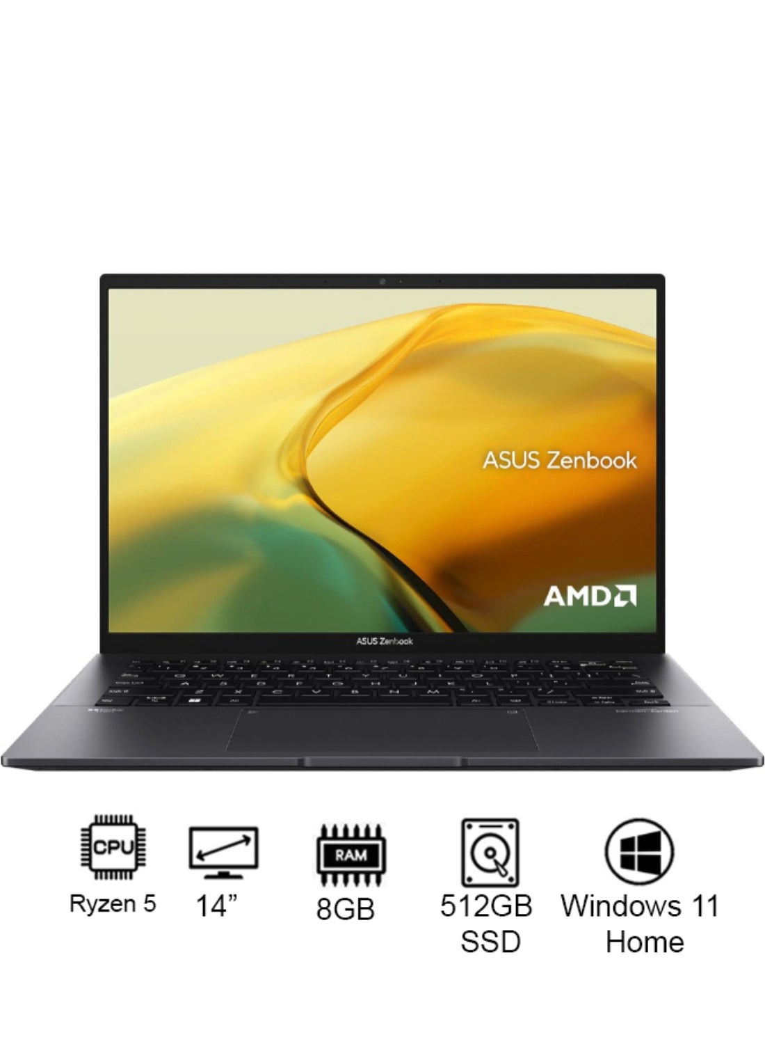 Zenbook 14 OLED UM3402YA Laptop With 14 Inch Display, Ryzen 5-7430U Processor/8GB RAM/512GB SSD/AMD Radeon 530 Graphics/Windows 11 Home English/Arabic Jade Black