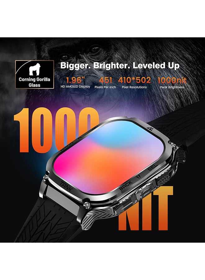 كوسبيت - ساعة تانك M3 الذكية (أسود) - شاشة Amoled مقاس 1.96 بوصة، مكالمات بلوتوث، عمر بطارية 10 أيام، مقاومة للماء 5ATM، أكثر من 130 وضعًا رياضيًا، مراقبة معدل ضربات القلب، تتبع النوم، تصميم متين - Image 1
