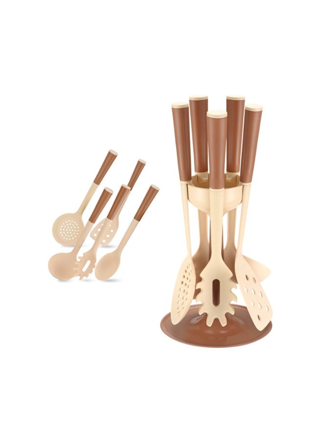 Royalford - Royalford 6 Pieces Nylon Kitchen Cutlery Set with Holder, Spotted Turner, Spoon, Ladle, Skimmer 100% Food Grade Material, Dishwasher Safe, Premium Quality Polymer  Soft Grip Handles, Heat Resistant Brown - Image 1