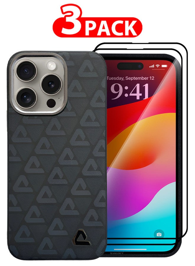 مارجون (for iPhone 15 Pro) 3 Pack Case and 2 Screen Protectors Leather Back Cover Triangle Pattern Shockproof Protective Phone Case Black - Image 1