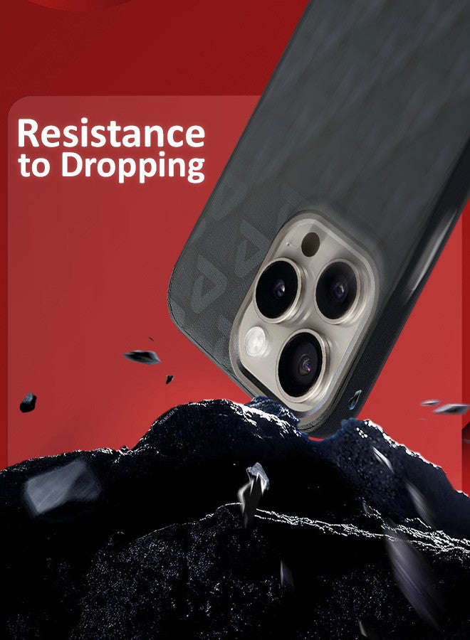 مارجون (for iPhone 15 Pro) 3 Pack Case and 2 Screen Protectors Leather Back Cover Triangle Pattern Shockproof Protective Phone Case Black - Image 3