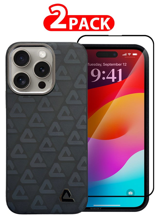 MARGOUN (for iPhone 15 Pro Max) 2 Pack Case and Screen Protector Leather Back Cover Triangle Pattern Shockproof Protective Phone Case Black - Image 1