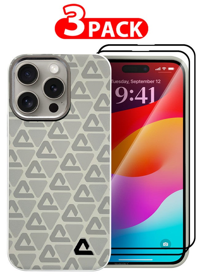MARGOUN (for iPhone 15 Pro) 3 Pack Case and 2 Screen Protectors Leather Back Cover Triangle Pattern Shockproof Protective Phone Case Light Beige - Image 1