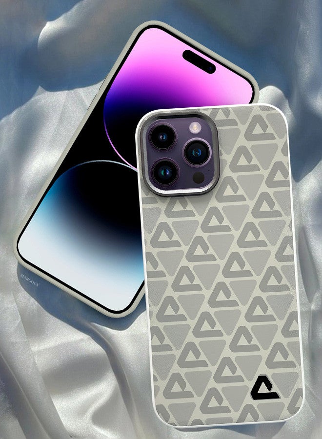 مارجون (for iPhone 14 Pro Max) Case Leather Back Cover Triangle Pattern Shockproof Protective Phone Case Light Beige - Image 1