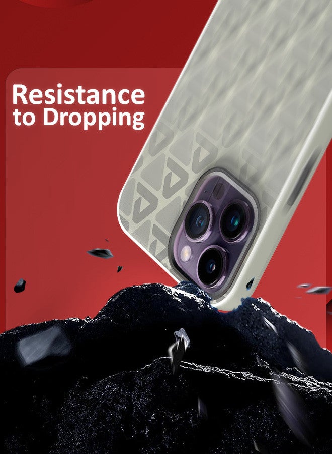 مارجون (for iPhone 14 Pro Max) Case Leather Back Cover Triangle Pattern Shockproof Protective Phone Case Light Beige - Image 3