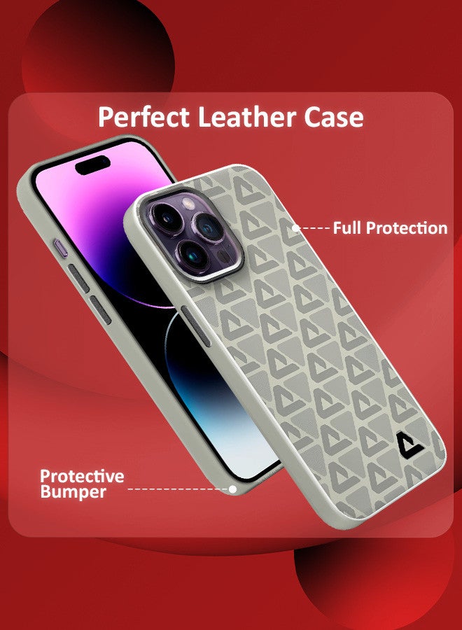 مارجون (for iPhone 14 Pro Max) Case Leather Back Cover Triangle Pattern Shockproof Protective Phone Case Light Beige - Image 2