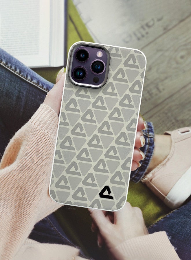 مارجون (for iPhone 14 Pro Max) Case Leather Back Cover Triangle Pattern Shockproof Protective Phone Case Light Beige - Image 5