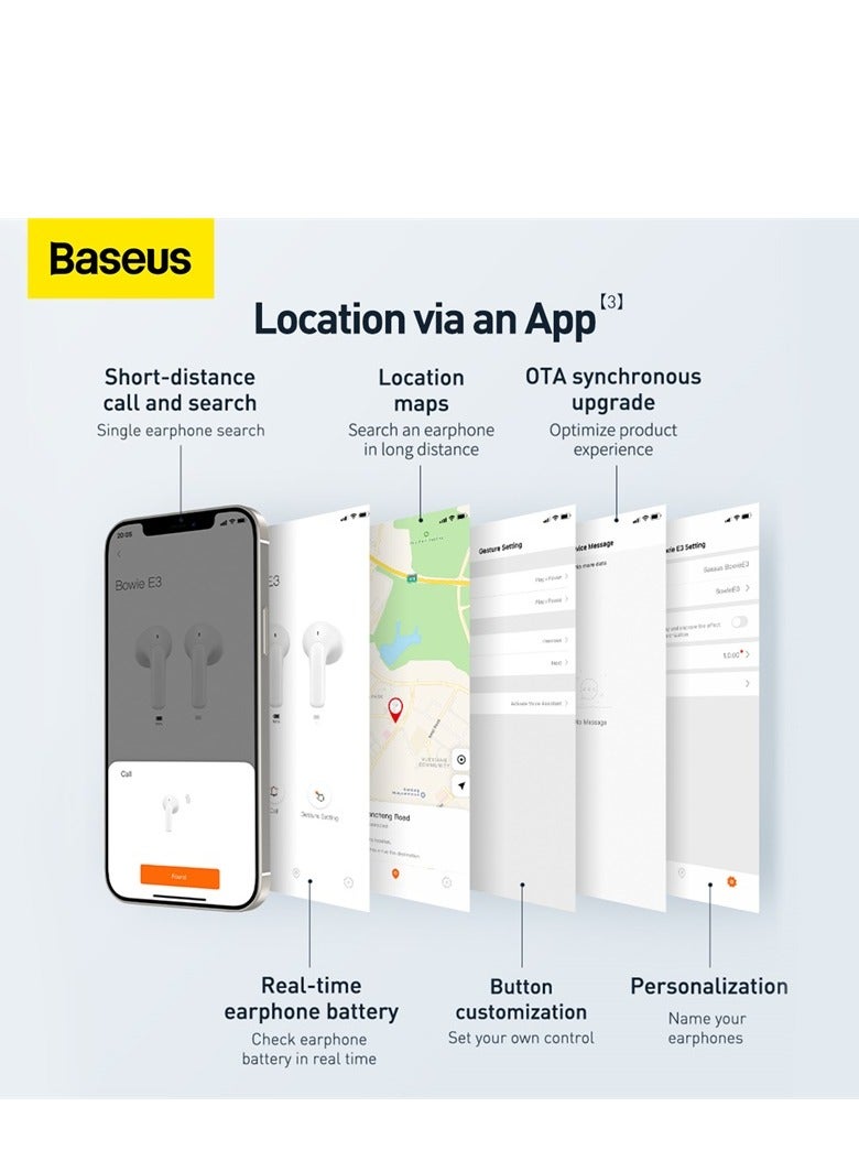 Baseus - Bowie E3 TWS Wireless Earphone Bluetooth V5.0 Headphone Headset True Wireless Earbuds With Charging Case Support APP Positioning White - Image 1