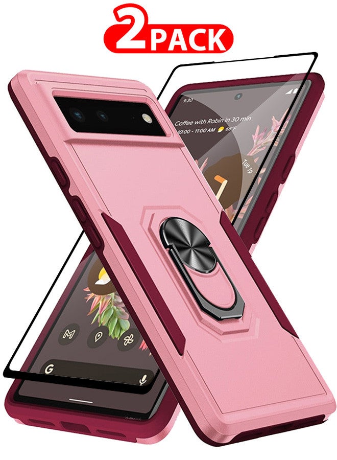 MARGOUN (Google Pixel 6) 2 Pack Hybrid Case and Screen Protector with Magnetic Metal Ring Holder Kickstand Rugged Military Drop Protection Cover Pink - Image 1