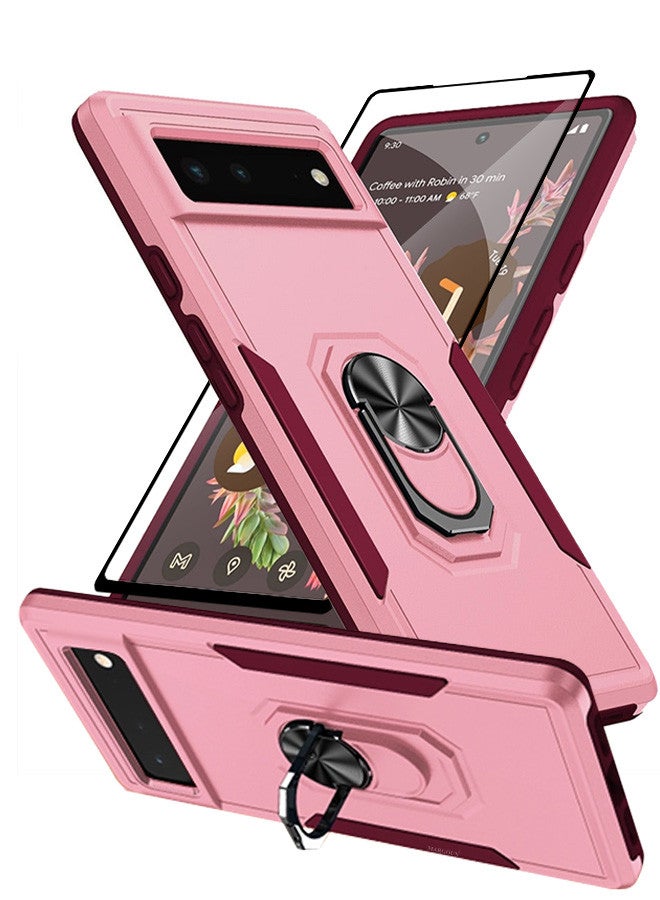 MARGOUN (Google Pixel 6) 2 Pack Hybrid Case and Screen Protector with Magnetic Metal Ring Holder Kickstand Rugged Military Drop Protection Cover Pink - Image 2