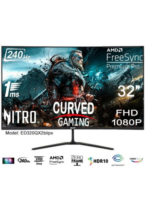 Nitro Gaming Monitor 32" Inch Curved, Full HD (1920x1080) VA, 240Hz, ZeroFrame 16:9 1ms(VRB) 250nits, AMD FreeSync Premium, 2xHDMI DP MM Audio Out HDR10 FreeSync Premium H.cable x1 - ED320Q X2biipx Black