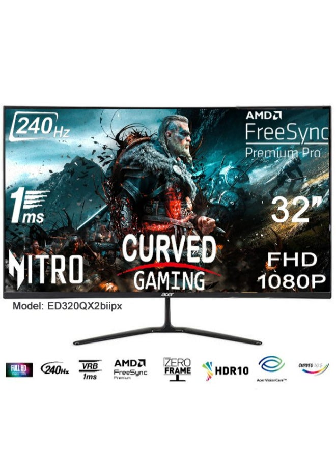 Acer Nitro Gaming Monitor 32" Inch Curved, Full HD (1920x1080) VA, 240Hz, ZeroFrame 16:9 1ms(VRB) 250nits, AMD FreeSync Premium, 2xHDMI DP MM Audio Out HDR10 FreeSync Premium H.cable x1 - ED320Q X2biipx Black  - Image 1