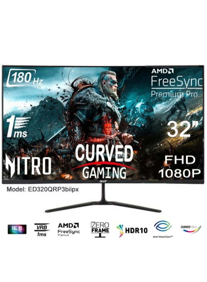 Acer Nitro Gaming Monitor 32" Inch Curved, Full HD (1920x1080) VA, 180Hz, ZeroFrame 16:9, 1ms(VRB) 250nits, AMD FreeSync Premium, 2xHDMI DP MM Audio Out HDR10 FreeSync Premium H.cable x1 - ED320QR P3biipx Black  - Image 1