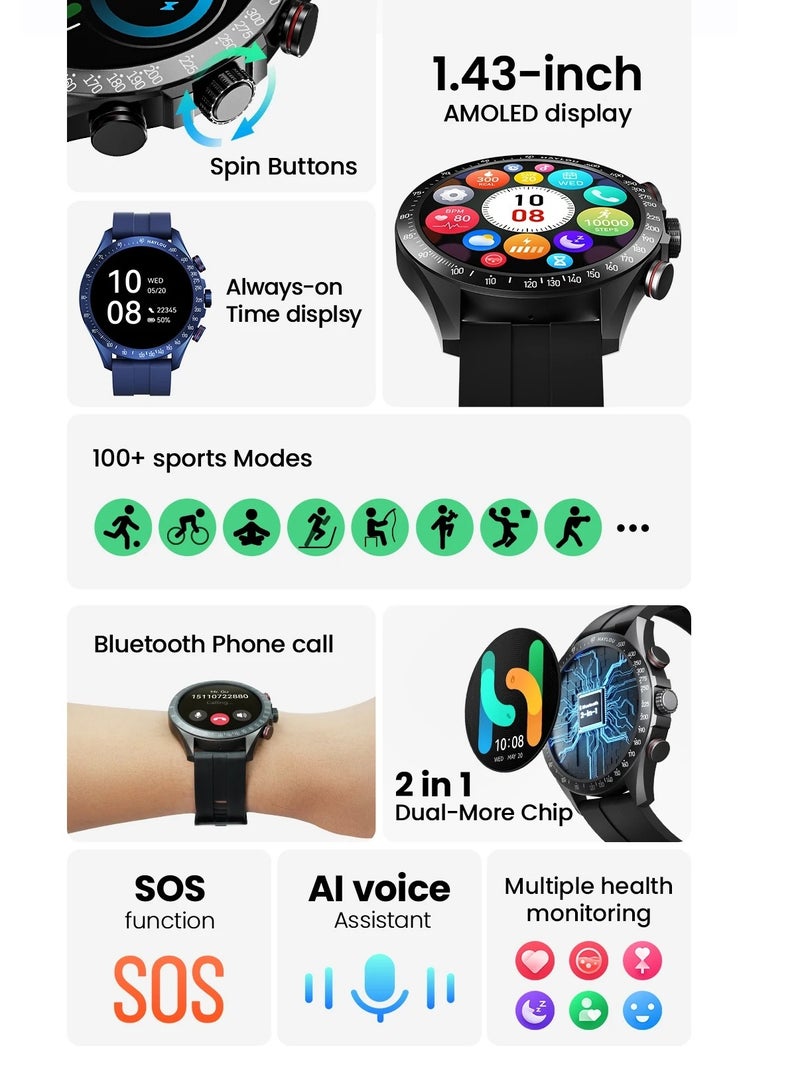 300 mAh Smart Watch 1.43" AMOLED Display Smart Watch for Men SpO2 Heart Rate Monitor 20 Days Endurance Smartwatch IP68 Waterproof Fitness Watch for Android iOS Phones Black - pnsku/N70093740V/45/_/1721289689/a94853f8-bd26-4a5d-a91f-f8e3f5179ac8