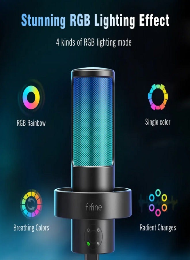 فيفين - ميكروفون ألعاب FIFINE، ميكروفون USB للكمبيوتر الشخصي للبث المباشر، والبودكاست، والتسجيل، وميكروفون مكثف لسطح مكتب الكمبيوتر على Mac/PS4/PS5، مع التحكم في RGB، وكتم الصوت، ومقبس سماعة الرأس، وفلتر البوب، وحامل AmpliGame - A8 - Image 1