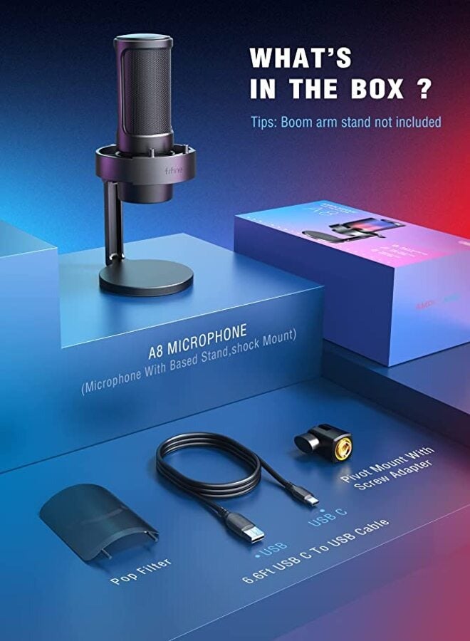 فيفين - ميكروفون ألعاب FIFINE، ميكروفون USB للكمبيوتر الشخصي للبث المباشر، والبودكاست، والتسجيل، وميكروفون مكثف لسطح مكتب الكمبيوتر على Mac/PS4/PS5، مع التحكم في RGB، وكتم الصوت، ومقبس سماعة الرأس، وفلتر البوب، وحامل AmpliGame - A8 - Image 1