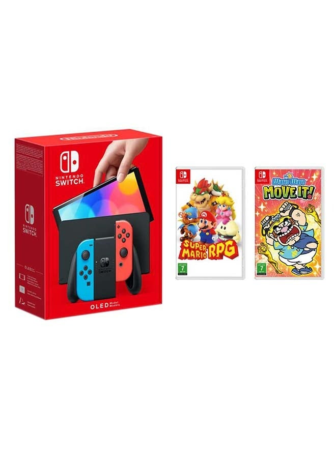 نينتندو - Switch Oled Neon مع Super Mario: Rpg & Wario Ware: Move It - Image 1