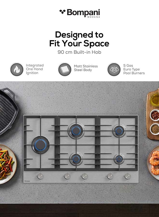 بومباني موقد مدمج 90 سم - 5 شعلات غاز من النوع الأوروبي، شعلات Sabaf، هيكل من الفولاذ المقاوم للصدأ - ضمان لمدة عام من الشركة المصنعة - - Image 3