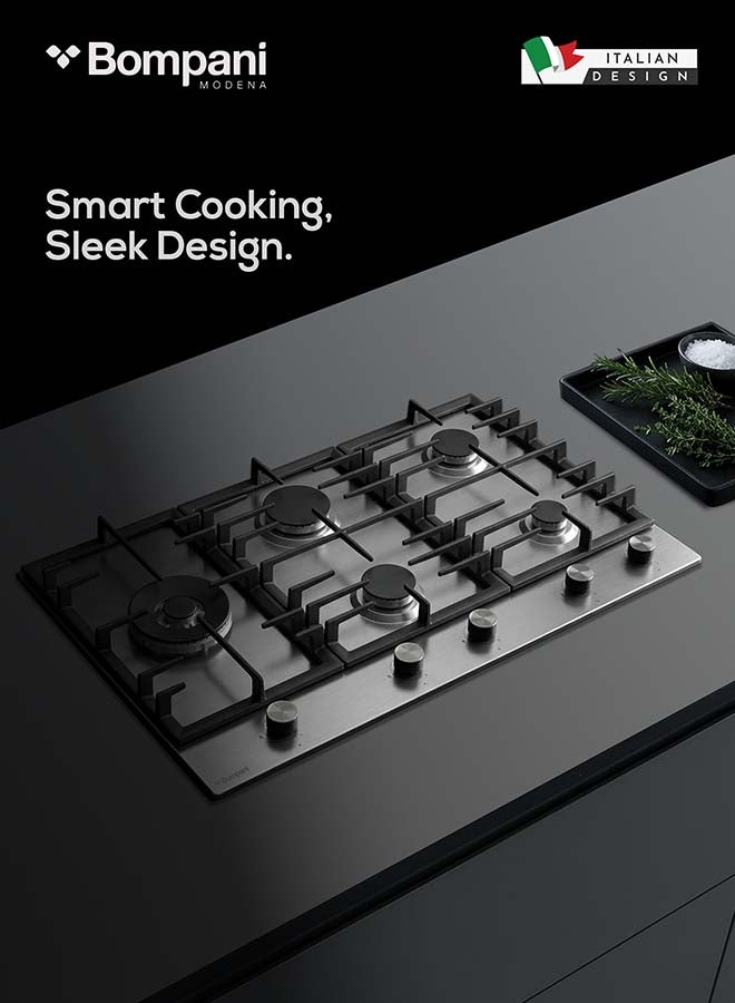 بومباني موقد مدمج 90 سم - 5 شعلات غاز من النوع الأوروبي، شعلات Sabaf، هيكل من الفولاذ المقاوم للصدأ - ضمان لمدة عام من الشركة المصنعة - - Image 2