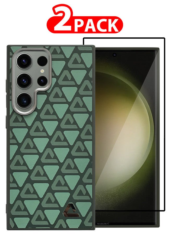 مارجون (for Samsung Galaxy S23 Ultra) 2 Pack Case and Screen Protector Leather Back Cover Triangle Pattern Shockproof Protective Phone Case Green - Image 1